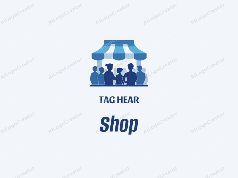 modern design features a stylized shop silhouette at the center, surrounded by abstract representations of a crowd, all in a clean blue color scheme.