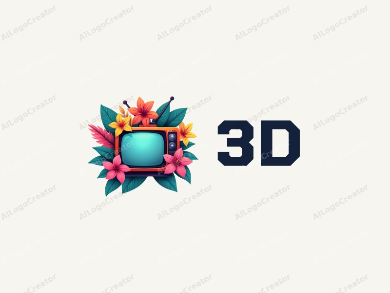 a modern design featuring 3D dynamic elements, vibrant tropical flowers intertwined with a retro television, using a colorful palette and a clean background.