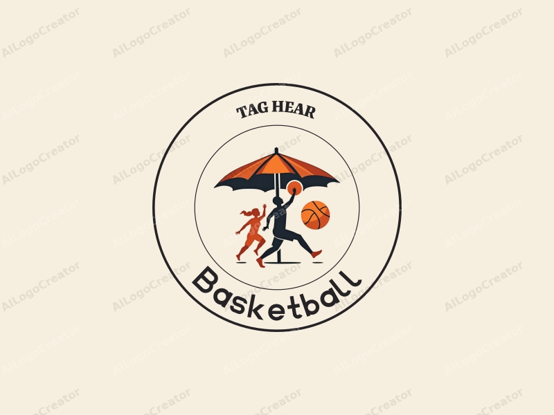 playful design features a stylized basketball, an athlete in motion, and an umbrella, combined with a clean background.