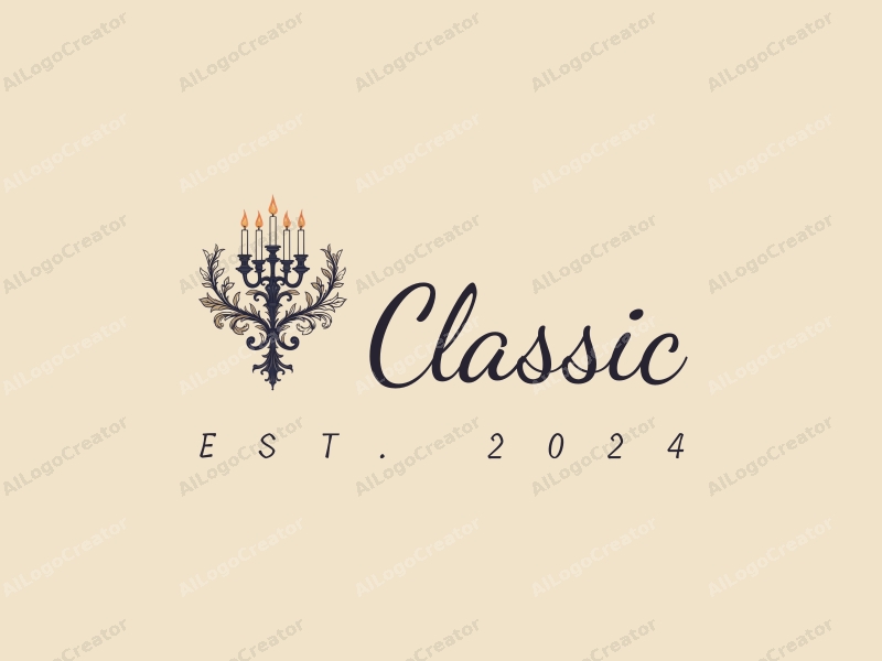 vintage design features a stylized candelabra intertwined with elegant floral elements, using dark and neutral colors, combined with a clean background.