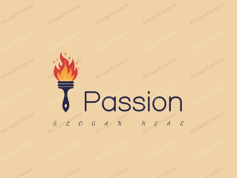 playful design features a dynamic paintbrush intertwined with a flame, symbolizing passion and enthusiasm, combined with a clean background.