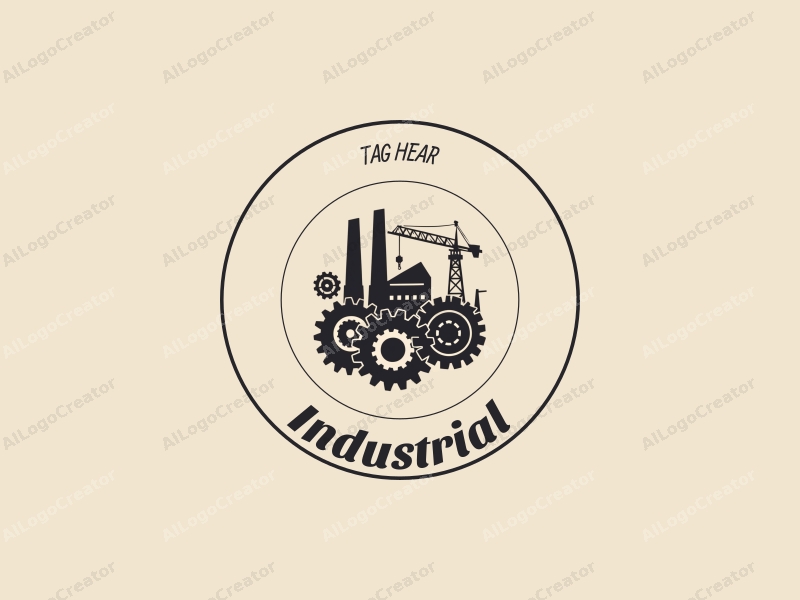 modern design features a stylized factory silhouette, interlocking gears, and a crane, combined with a clean background.