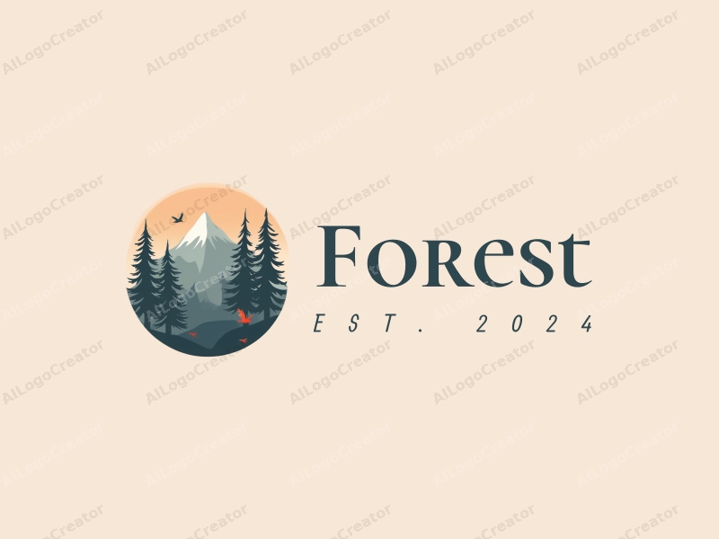 vintage design features a serene forest landscape with stylized pine trees and small birds, combined with a clean background.