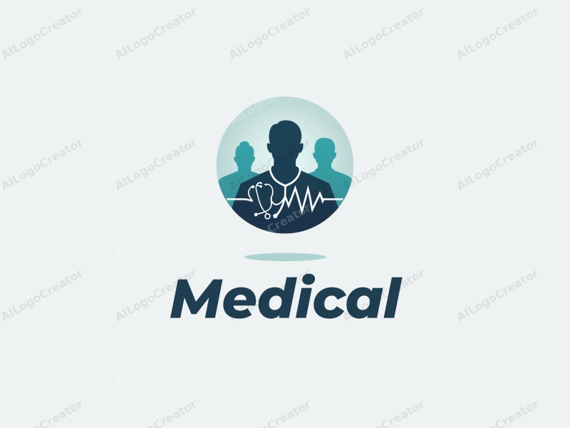 modern design features a stylized hospital silhouette, a doctor figure, a stethoscope intertwined with a heartbeat line, combined with a clean background.