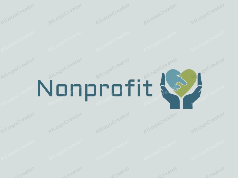 modern design features a stylized heart and hands symbolizing charity and volunteerism, combined with a clean background in blue and green tones.