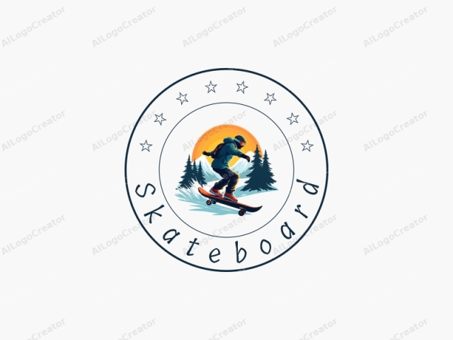 verspieltes Design mit einer lebendigen Skateboard-Silhouette, stilisiertem Schneemountain-Hintergrund und dynamischen Sportelementen, kombiniert mit einem sauberen Hintergrund.