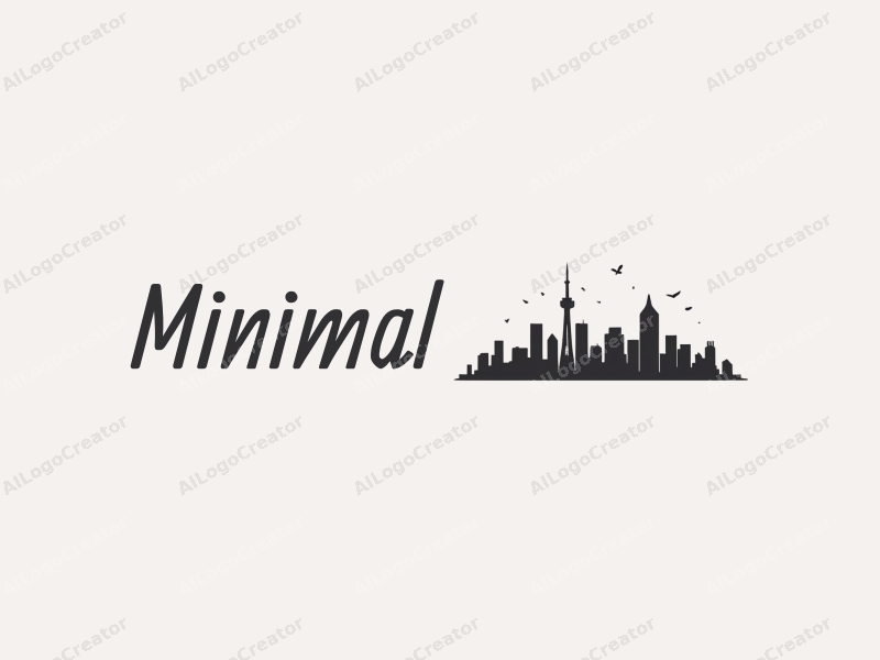 minimalist design features clean outlines of a city skyline, combined with a tag style approach, set against a white background with black and gray accents.