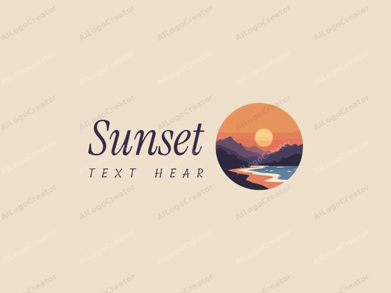 vintage design features a stylized sunset over a beach with mountains in the background, using a harmonious blend of orange and purple colors, combined with a clean and simple composition.