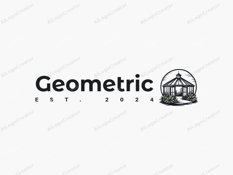 geometric design features a harmonious combination of square and circular shapes, incorporating elements of a greenhouse and garden, with a clean black and white color scheme.