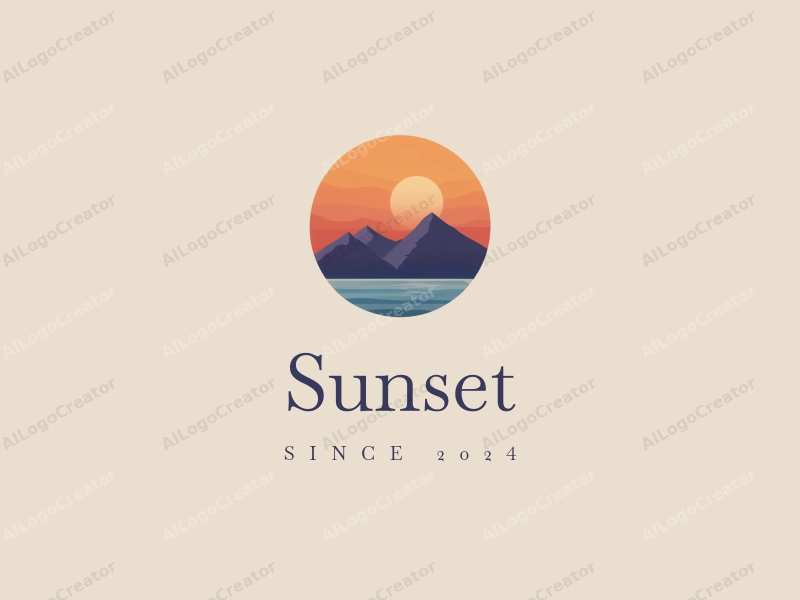 vintage design features a stylized sunset over mountains and ocean, with a harmonious blend of orange and purple colors, creating a clean and simple composition.