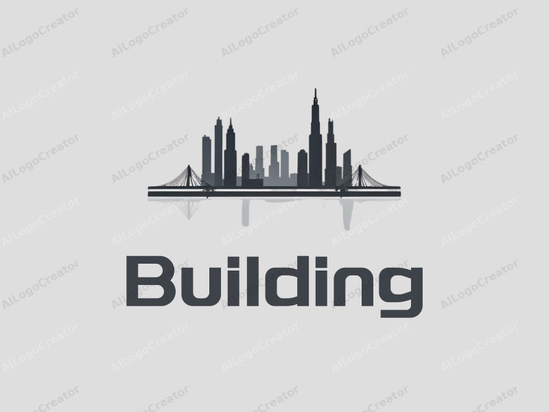 minimalist design features sleek buildings and towers, a stylized bridge silhouette, and a modern design approach combined with a clean gray background.