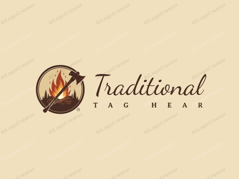 vintage design features traditional elements like fire and an axe, combined with a clean background in brown and beige tones.