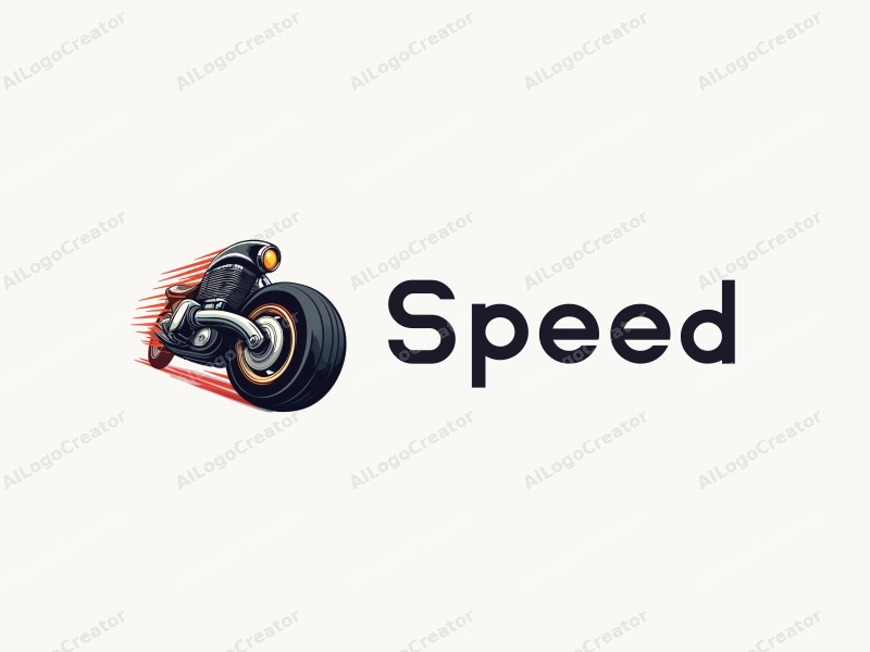 a modern design featuring dynamic lines representing speed, a stylized engine and tire, combined with a clean background to emphasize power and motion.