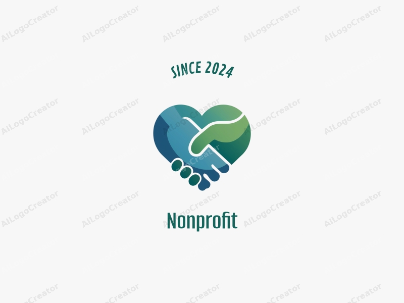 modern design features a heart shape and a handshake symbolizing charity and volunteer work, combined with a clean background in blue and green colors.