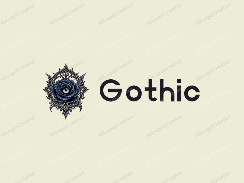 Gothic design features intricate Gothic architecture, elegant Gothic fashion elements, a black rose intertwined with a robotic eye, combined with a clean background.