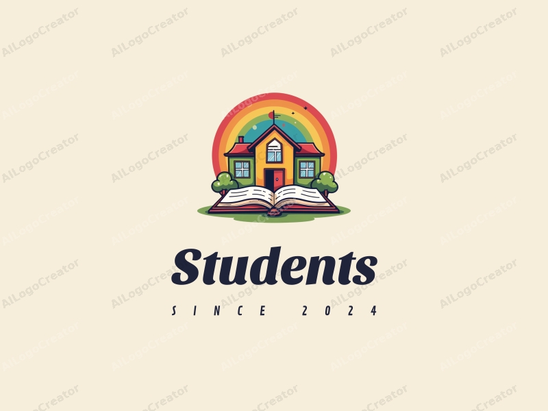 playful design features a cheerful student character, a stylized school building, an open book, and a vibrant rainbow, combined with a clean background.