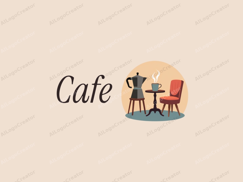 vintage design features a stylized coffee pot, a retro chair, and a table, combined with a clean background.