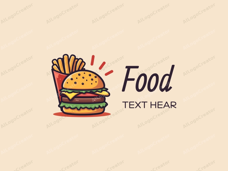 a modern design featuring a stylized burger and fries, with vibrant colors and a clean background, emphasizing the deliciousness of the food in a harmonious and simple composition.