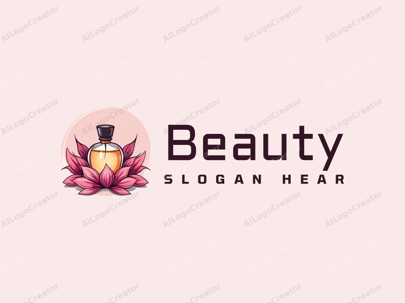 a modern design featuring elements of beauty and makeup, incorporating petals and a perfume bottle, with a clean background and harmonious composition.