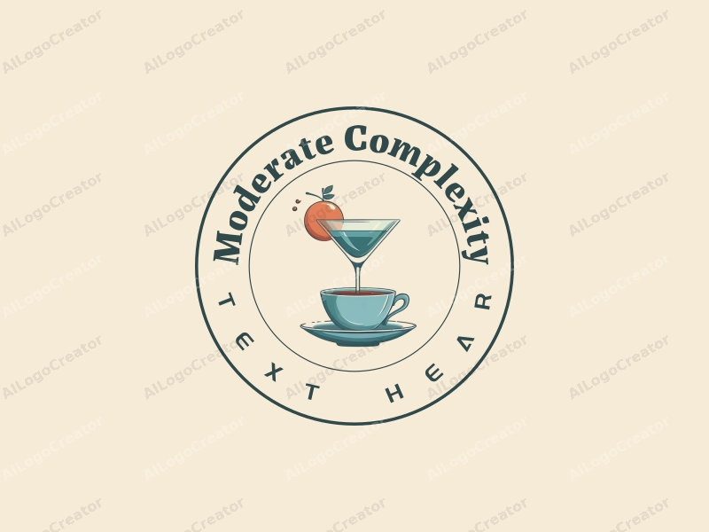 a modern and refined design featuring a stylized cocktail and teacup, using blue and peach colors, combined with a clean background and a minimalist approach.