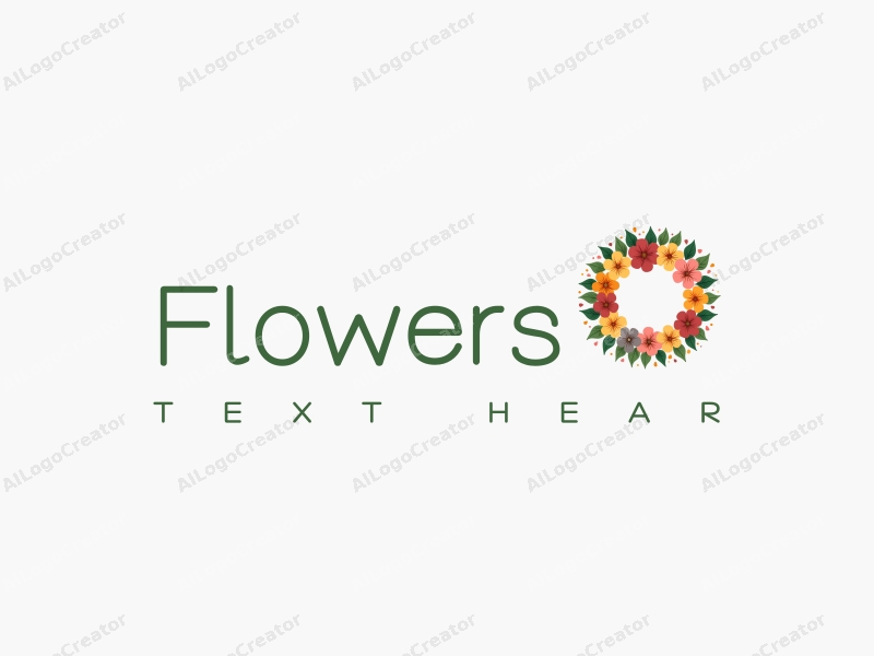 playful design features vibrant flowers and petals arranged in a circular floral wreath, surrounded by lush green leaves, combined with a clean and simple background.