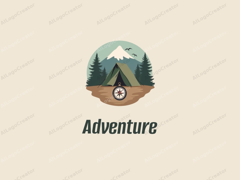 exploratory design features a stylized tent and compass, combined with a clean background, emphasizing adventure and outdoor activities in green and brown tones.