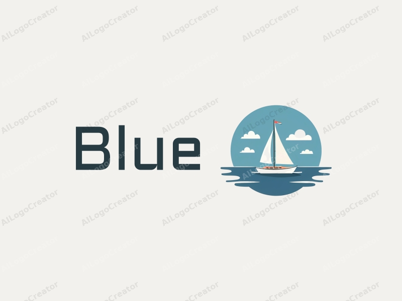 minimalist design features a stylized sailboat gliding over a calm ocean, with soft clouds in a clear blue sky, combined with a clean and simple background.