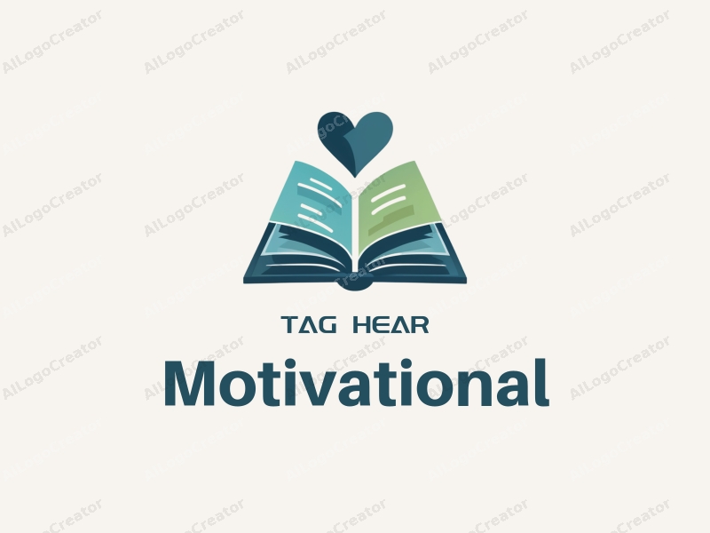 modern design features a stylized book and a heart symbol, representing motivation and encouragement, combined with a clean background in blue and green colors.