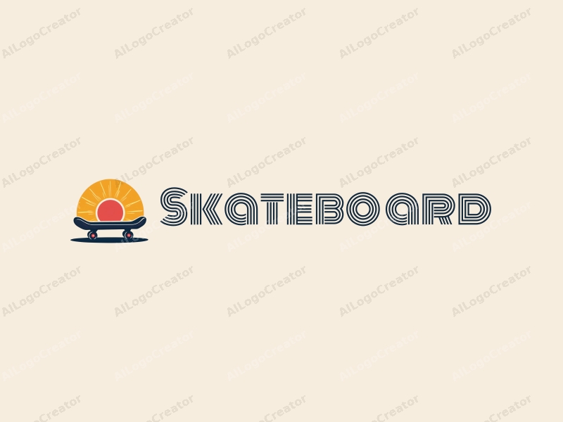 playful design features a vibrant skateboard silhouette under a bright sun, combined with a clean background and simple shapes.