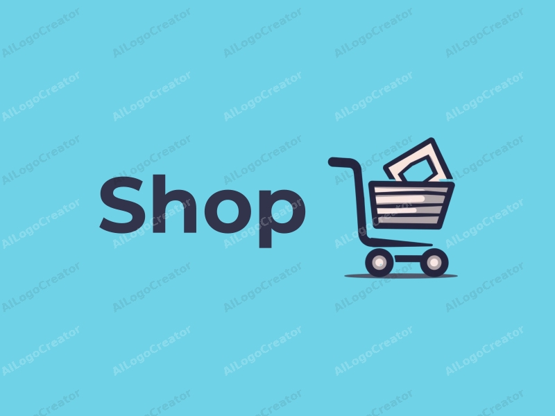 modern design features a stylized shop silhouette, a shopping cart, and a clean sign design approach combined with a simple blue background.