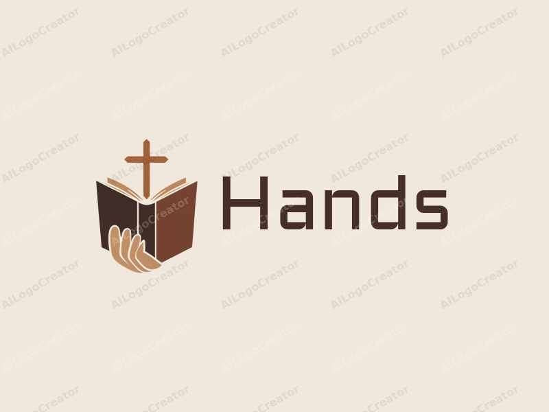 a modern design featuring a hand holding a book with a cross symbol, utilizing skin tone colors, combined with a clean and simple background.