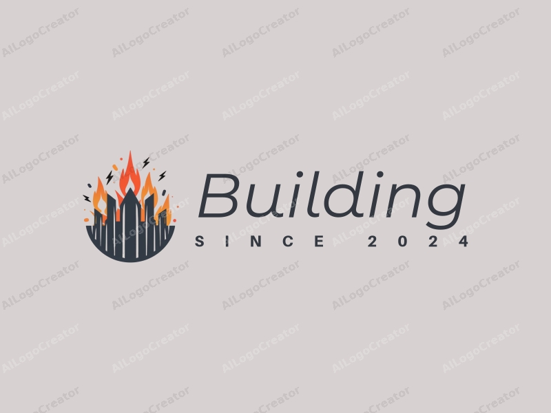 modern design features abstract architectural structures, stylized flames, and lightning bolts combined with a clean gray background.