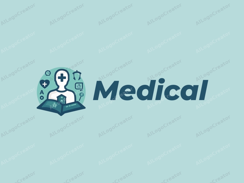 a modern minimalist design featuring a stylized hospital and doctor silhouette, incorporating elements of mind and health, combined with a clean background in blue and green tones.