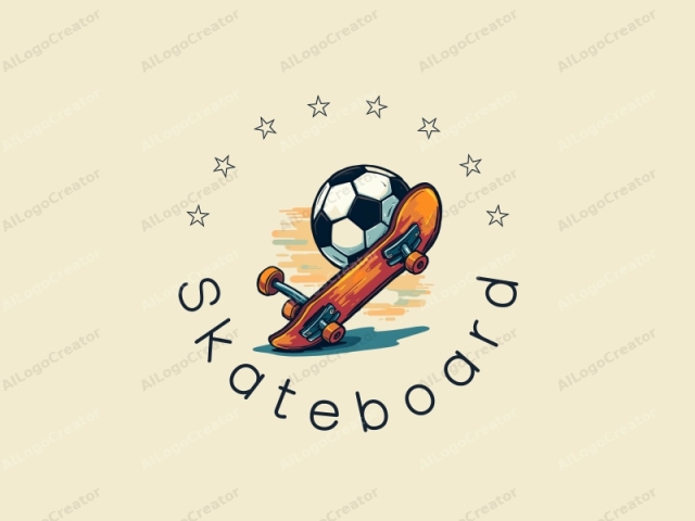 diseño juguetón que presenta una patineta vibrante y elementos de fútbol, combinados con un fondo limpio y una composición divertida y enérgica.