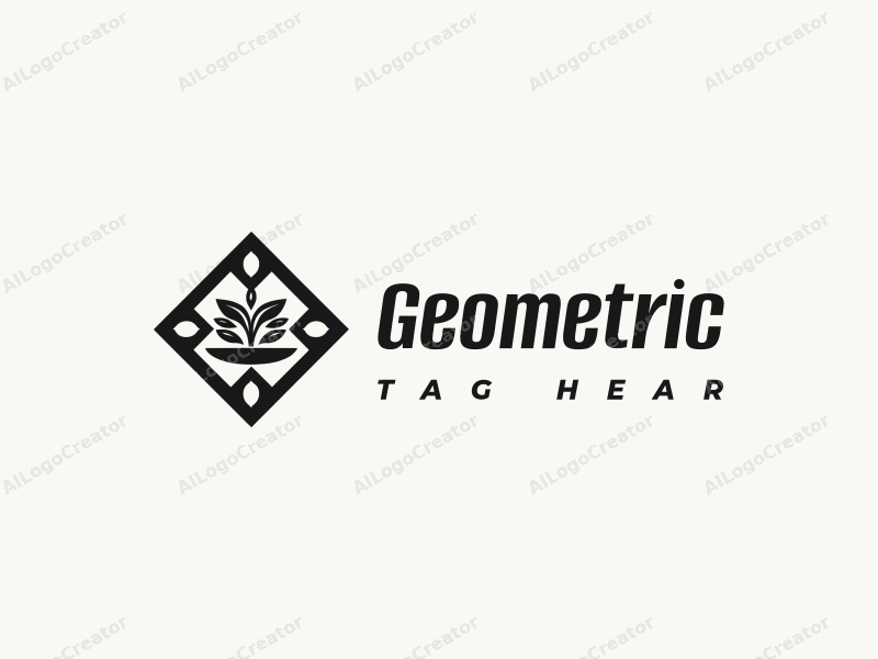 geometric design features a harmonious combination of squares and circles, incorporating a stylized plate and leaf, with a clean black and white color scheme.