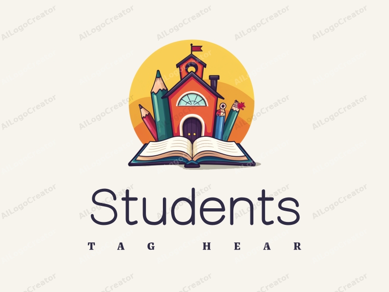 playful design features cheerful students, a stylized school building, open books, and pencils arranged harmoniously with a vibrant background.