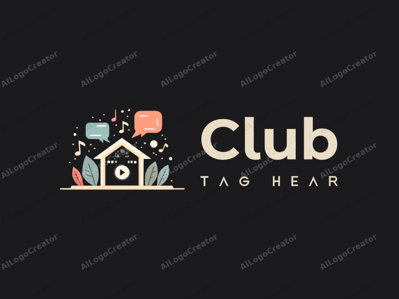 a modern minimalist design featuring a stylized club silhouette, intertwined musical notes and speech bubbles, combined with a clean black background.