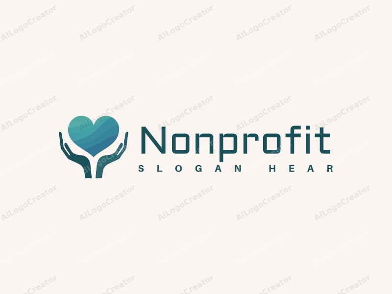 modern design features a stylized heart and hand symbolizing charity and volunteer work, combined with a clean background in blue and green tones.