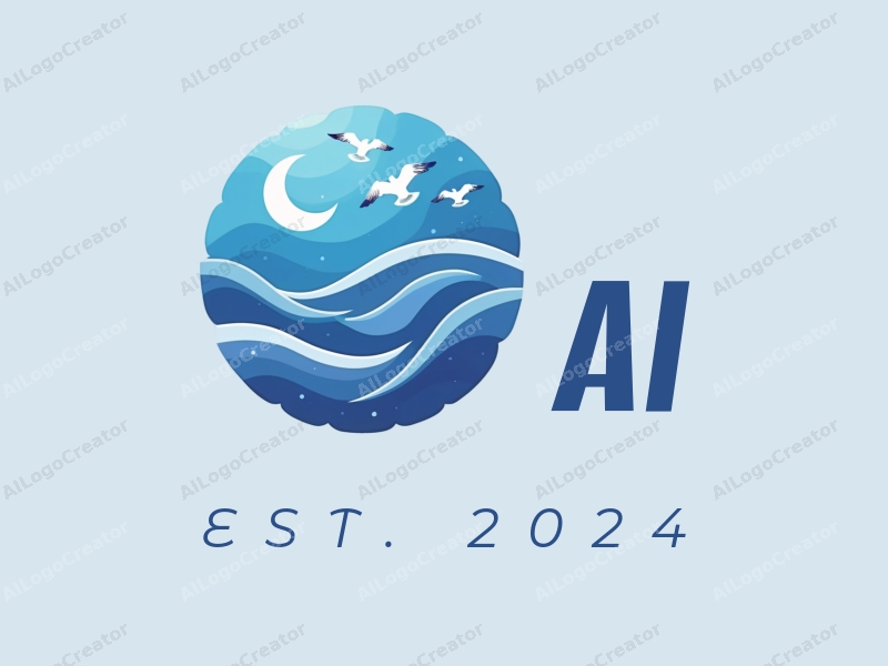 a modern design featuring abstract representations of intelligence and algorithms, combined with stylized waves and seagulls, all in a clean blue color palette.