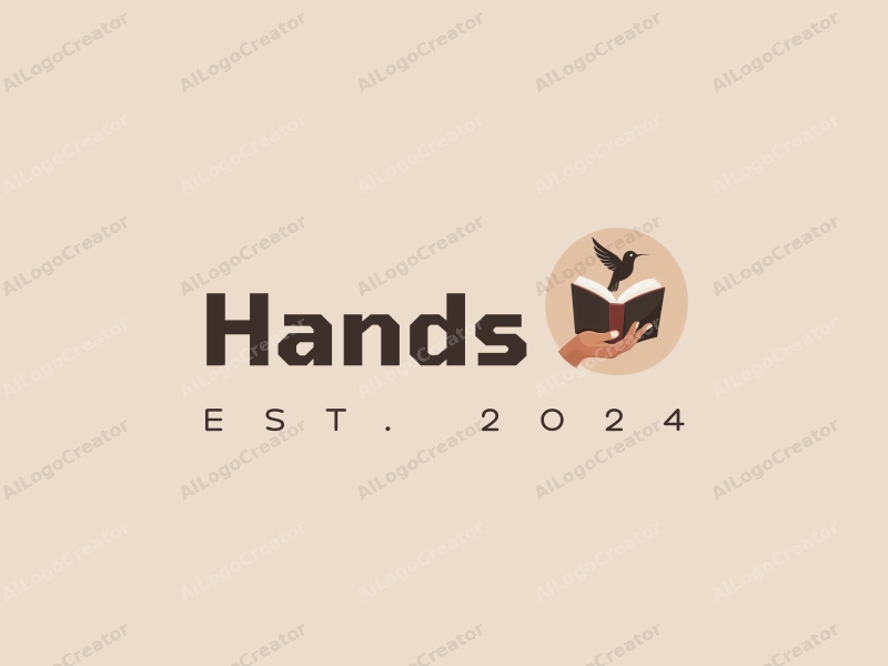 a modern design featuring a hand gently holding a book, accompanied by a stylized hummingbird, all in skin tone colors, combined with a clean and harmonious background.