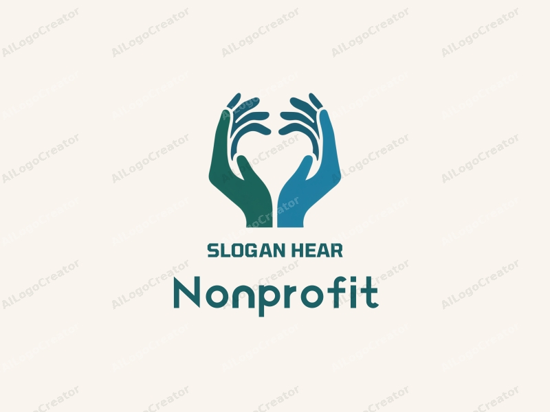 modern design features a heart shape formed by two hands, symbolizing charity and volunteerism, with a clean background in blue and green tones.