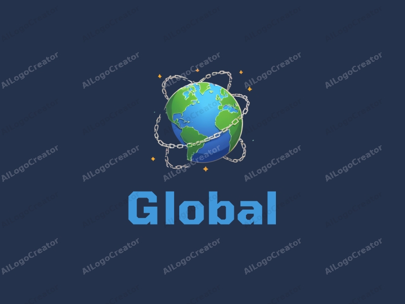 modern design features a stylized Earth, interconnected networks, and chain links, combined with a clean background.