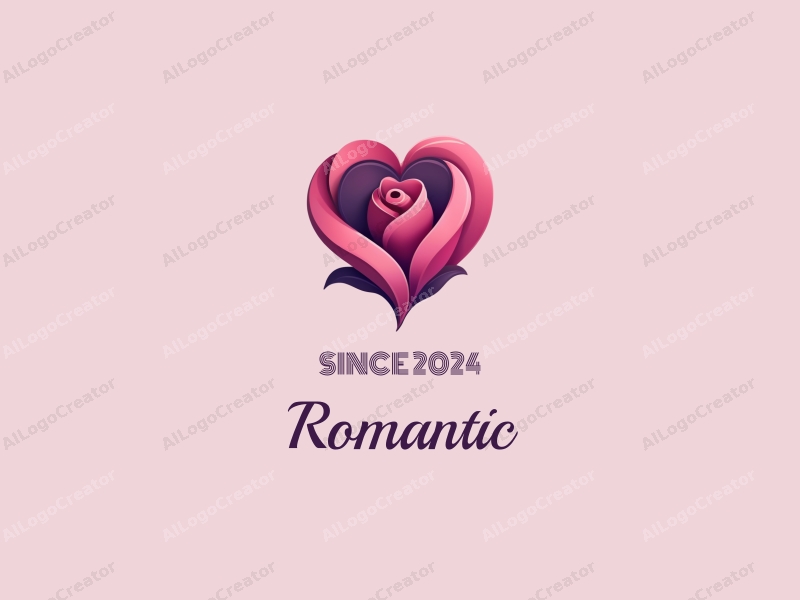 playful design features a stylized rose intertwined with a heart shape, incorporating pink and purple colors, combined with a clean background.