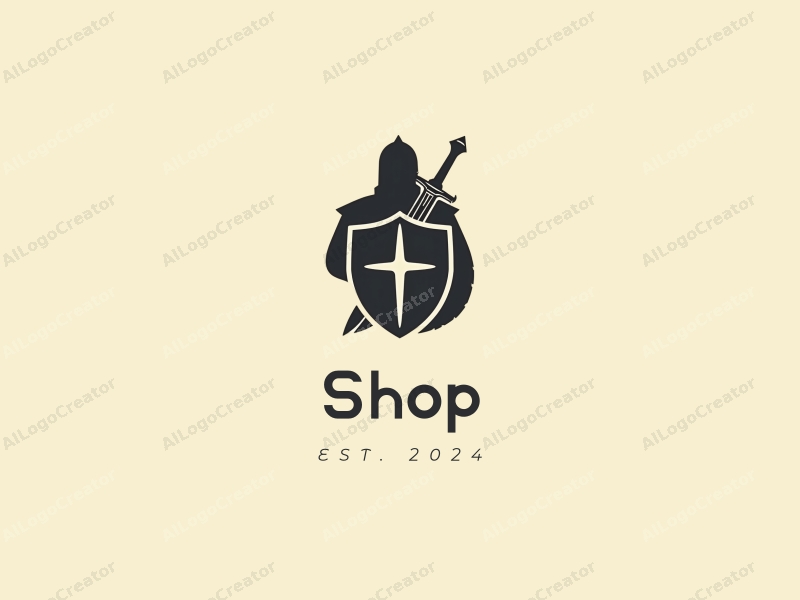 modern design features a stylized shop silhouette, a sword and shield integrated into the composition, combined with a clean background.