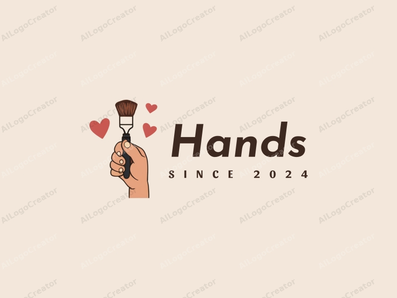 a modern design featuring a hand holding a paintbrush and a heart, with a skin tone color palette, combined with a clean background.