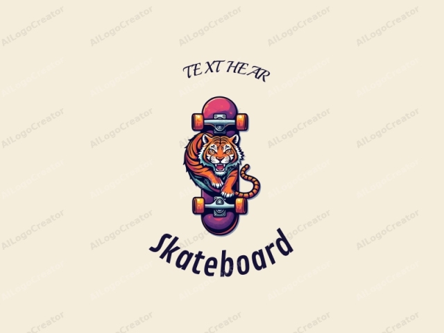 ein spaßiges Design, das ein lebendiges Skateboard mit einem stilisierten Tiger verwebbt, unter Verwendung eines farbenfrohen Ansatzes kombiniert mit einem sauberen Hintergrund.