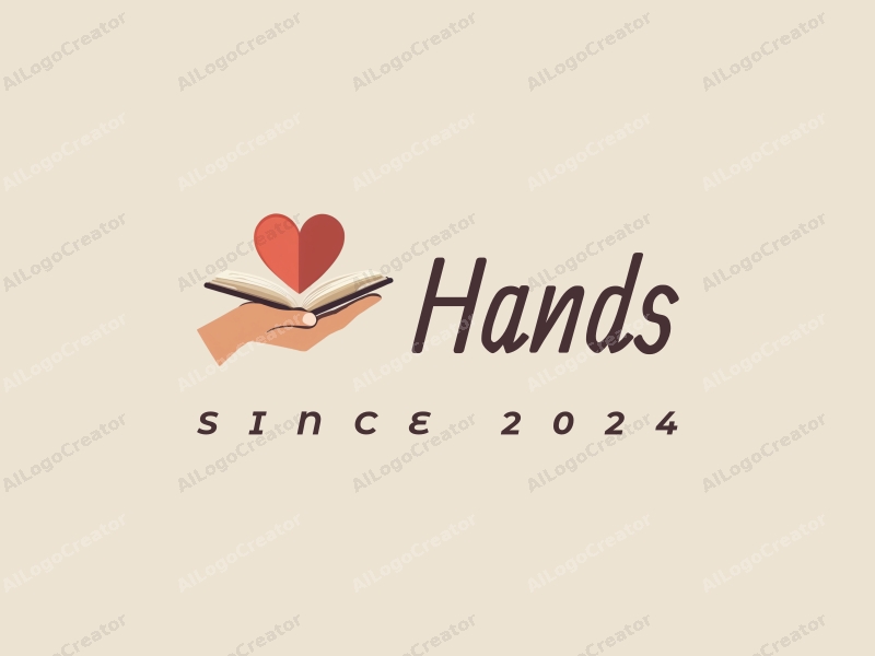 a modern design featuring a hand gently holding a heart and a book, with skin tone colors, combined with a clean and simple background.