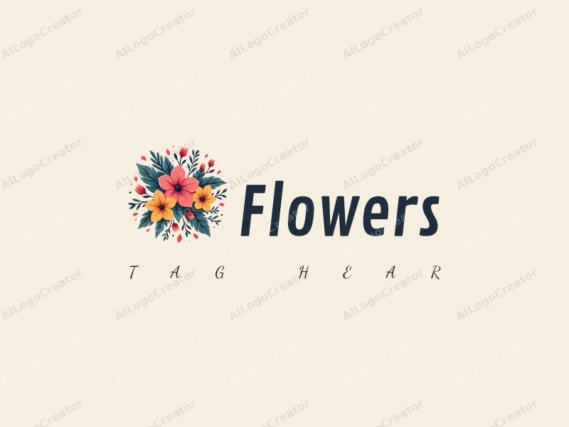 playful design features vibrant flowers and petals, a whimsical bouquet with lush leaves, combined with a clean background.