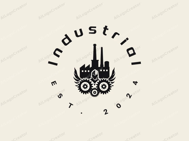 modern design features a stylized factory silhouette, integrated with mechanical elements like gears, and a knight figure, all combined with a clean background.