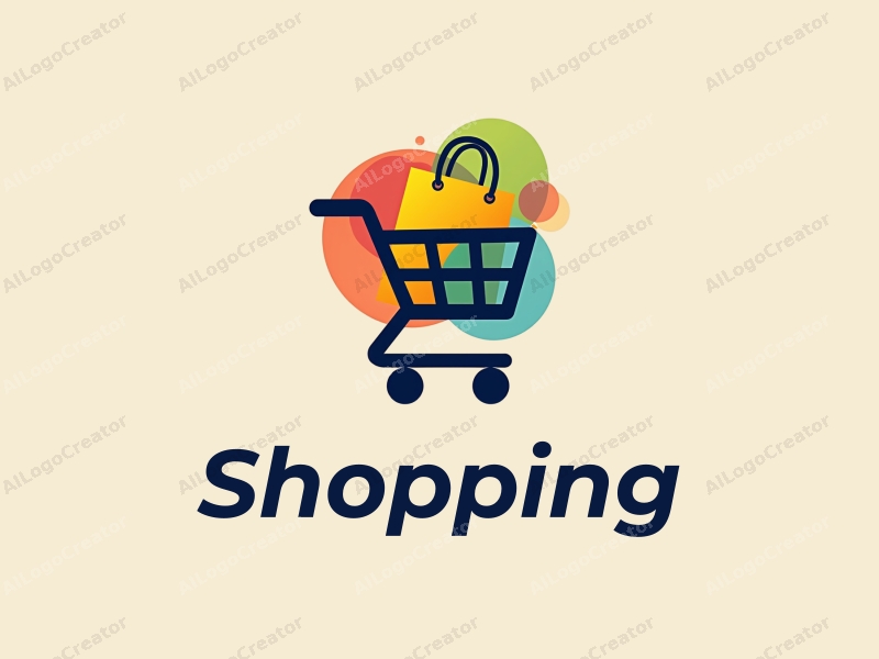 a modern design featuring a colorful shopping cart and shopping bag, combined with a vibrant mall background, emphasizing a clean and harmonious composition.